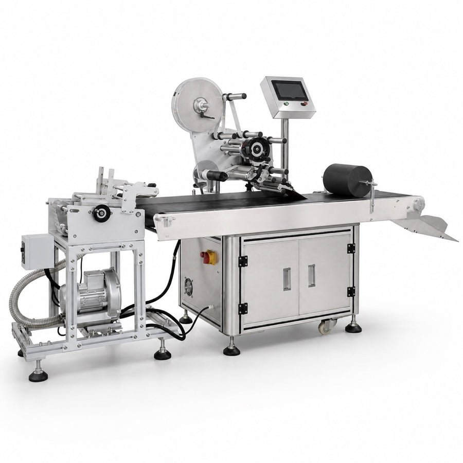 Leadlife LLA-A7 automatic card labeling machine front view with feeder and conveyor