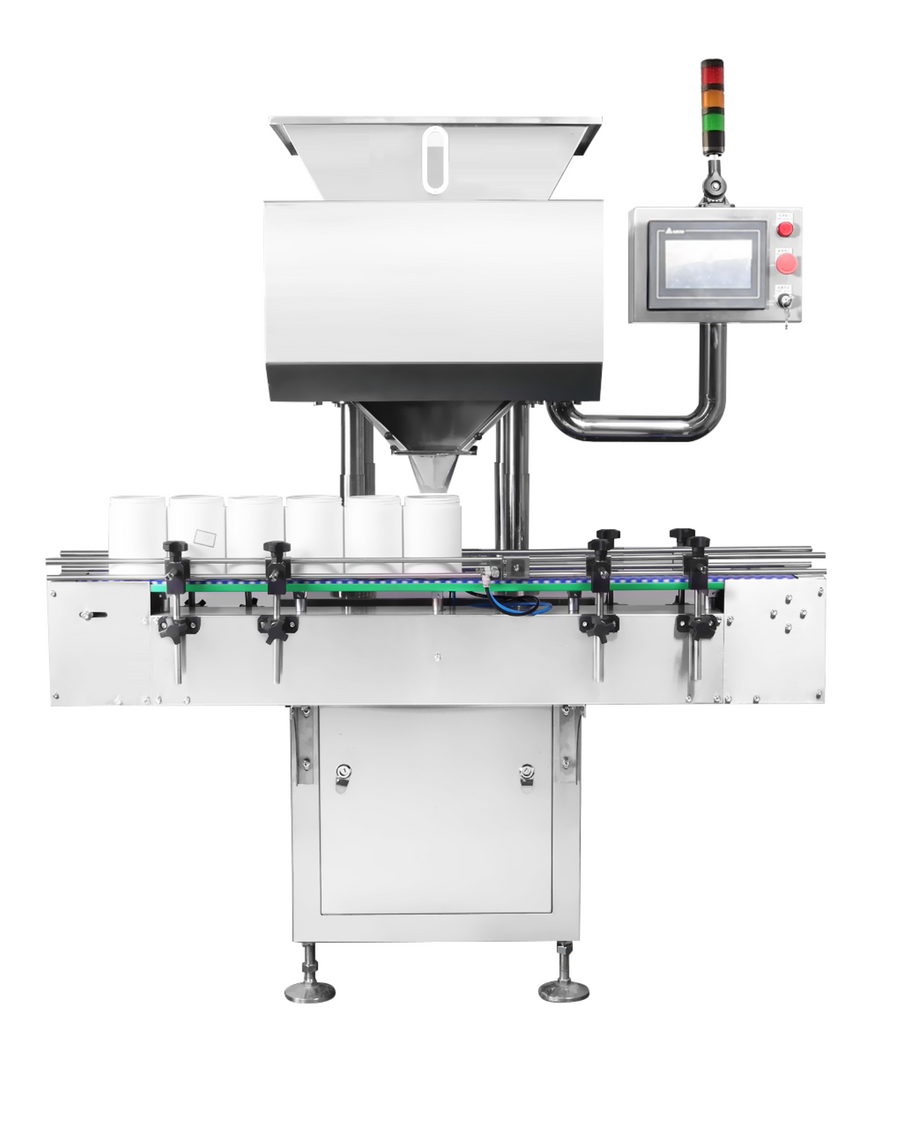Automatic capsule and tablet bottling line with counting and conveyor system