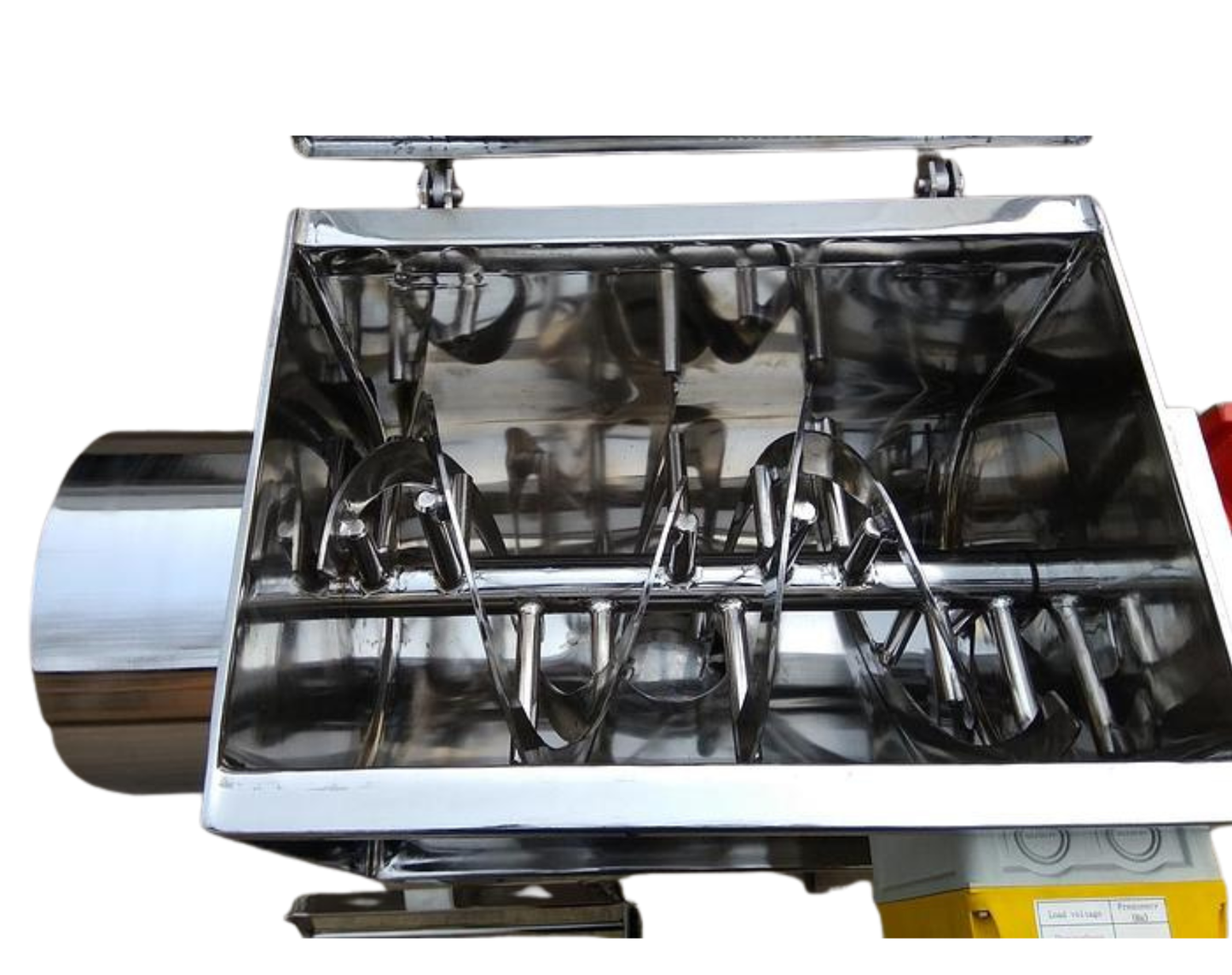
                  
                    Horizontal ribbon blender — stainless steel U-trough mixing chamber and ribbon agitator
                  
                