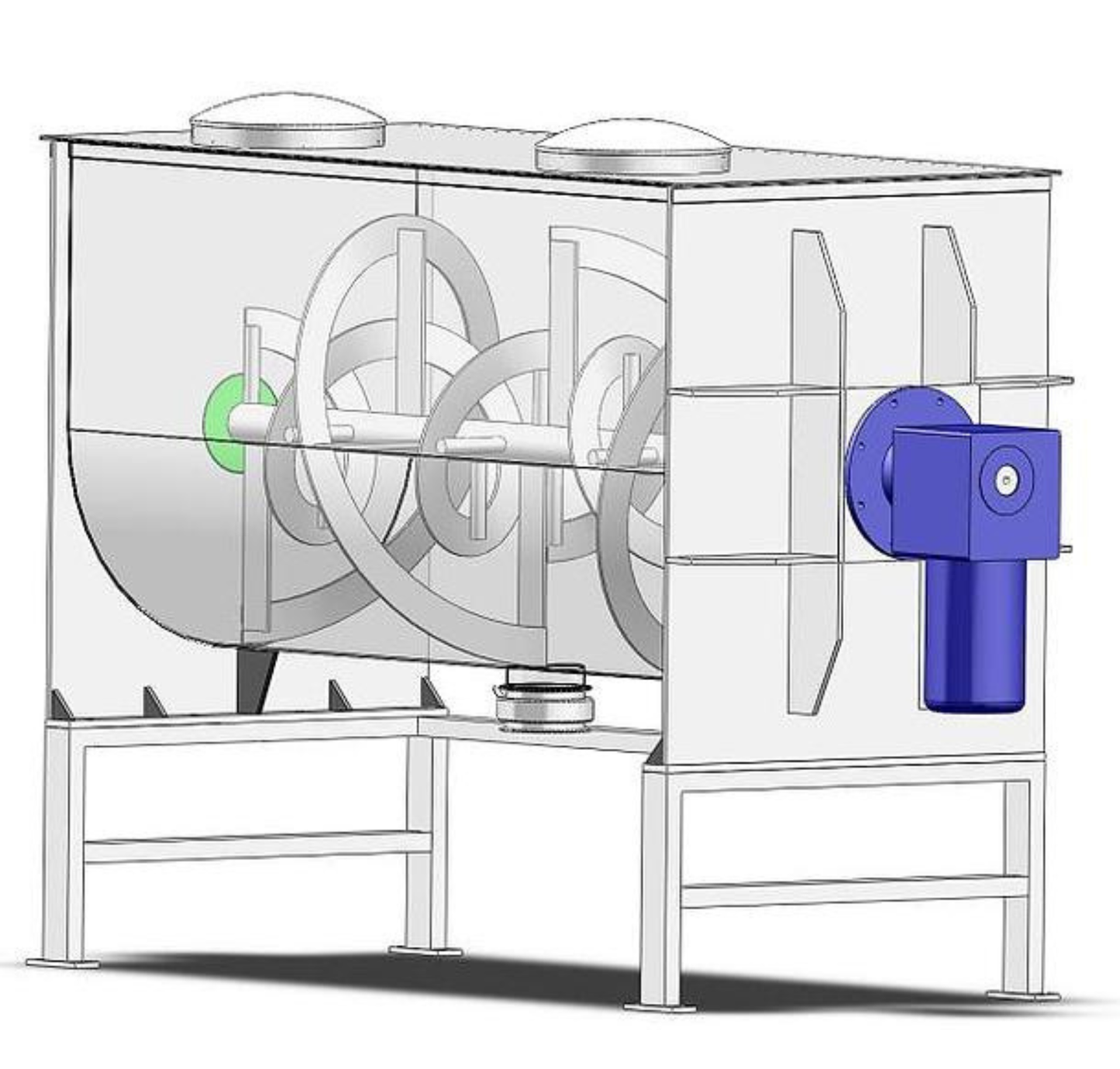 
                  
                    Horizontal ribbon blender — drive motor, reducer, and center discharge valve
                  
                