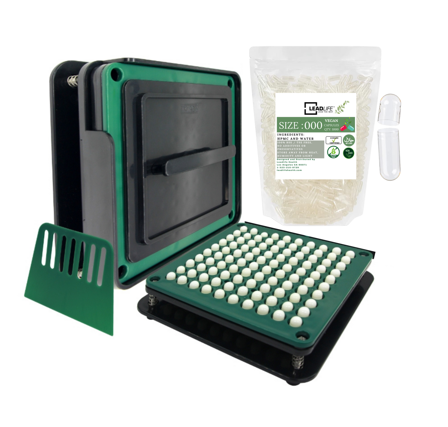 
                  
                    Bundle — 1,000 clear empty vegetarian (HPMC) capsules with 100-hole capsule filler, Size {00/0/1/…}.
                  
                