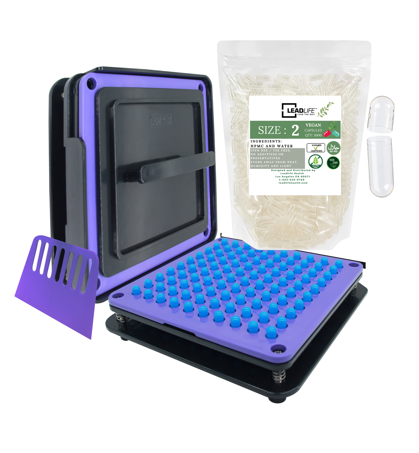 
                  
                    Bundle — 1,000 clear empty vegetarian (HPMC) capsules with 100-hole capsule filler, Size {00/0/1/…}.
                  
                