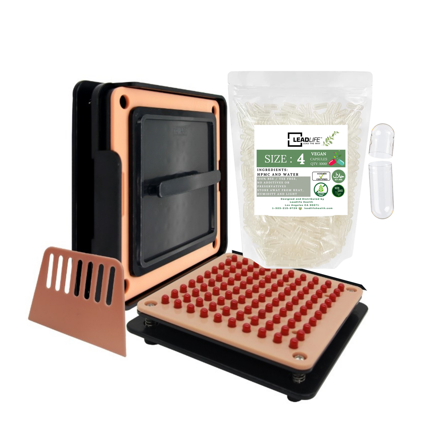 
                  
                    Bundle — 1,000 clear empty vegetarian (HPMC) capsules with 100-hole capsule filler, Size {00/0/1/…}
                  
                