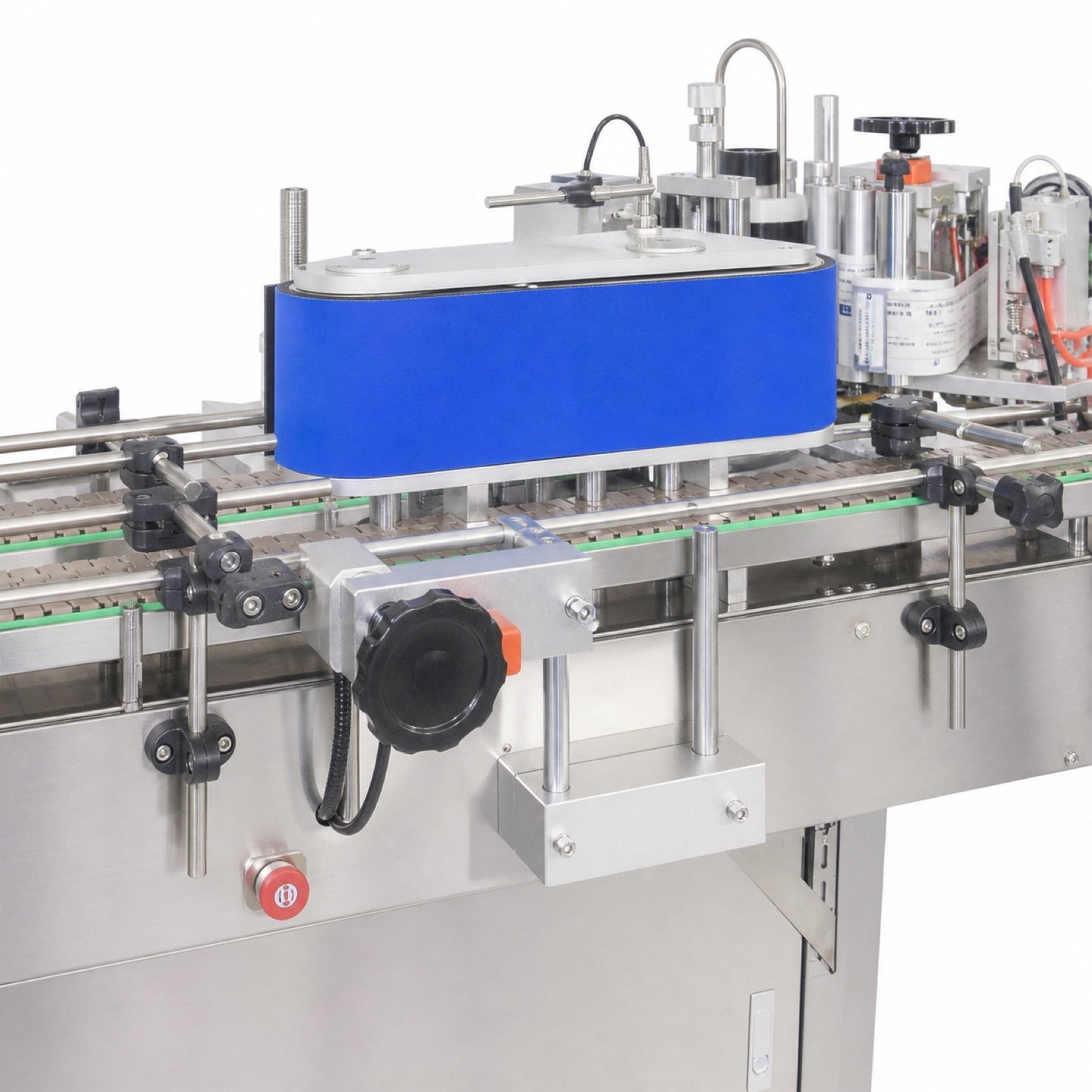 
                  
                    Leadlife LLA-A5 labeling machine applicator housing above the bottle conveyor
                  
                