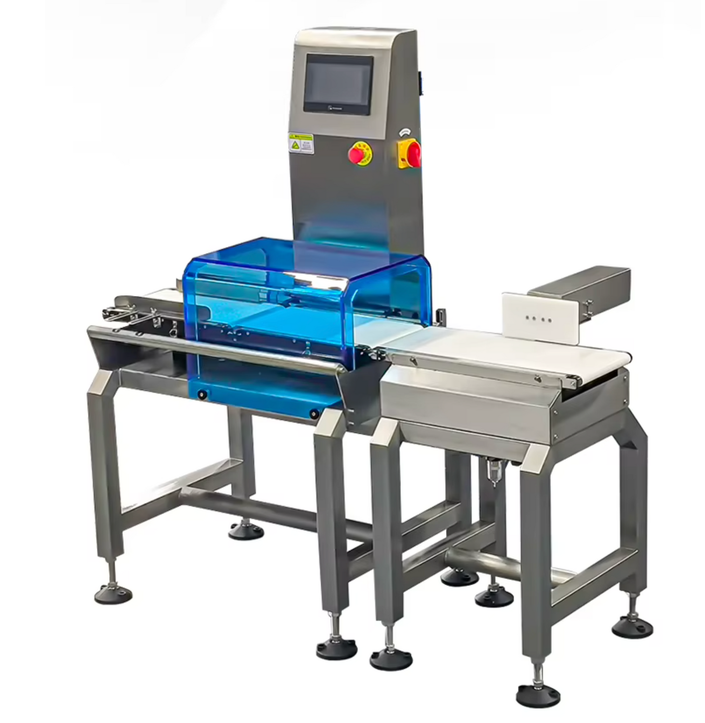 Check weigher for supplements 200CZJ-X front view showing conveyor and 7-inch touch screen for in-line weight inspection.