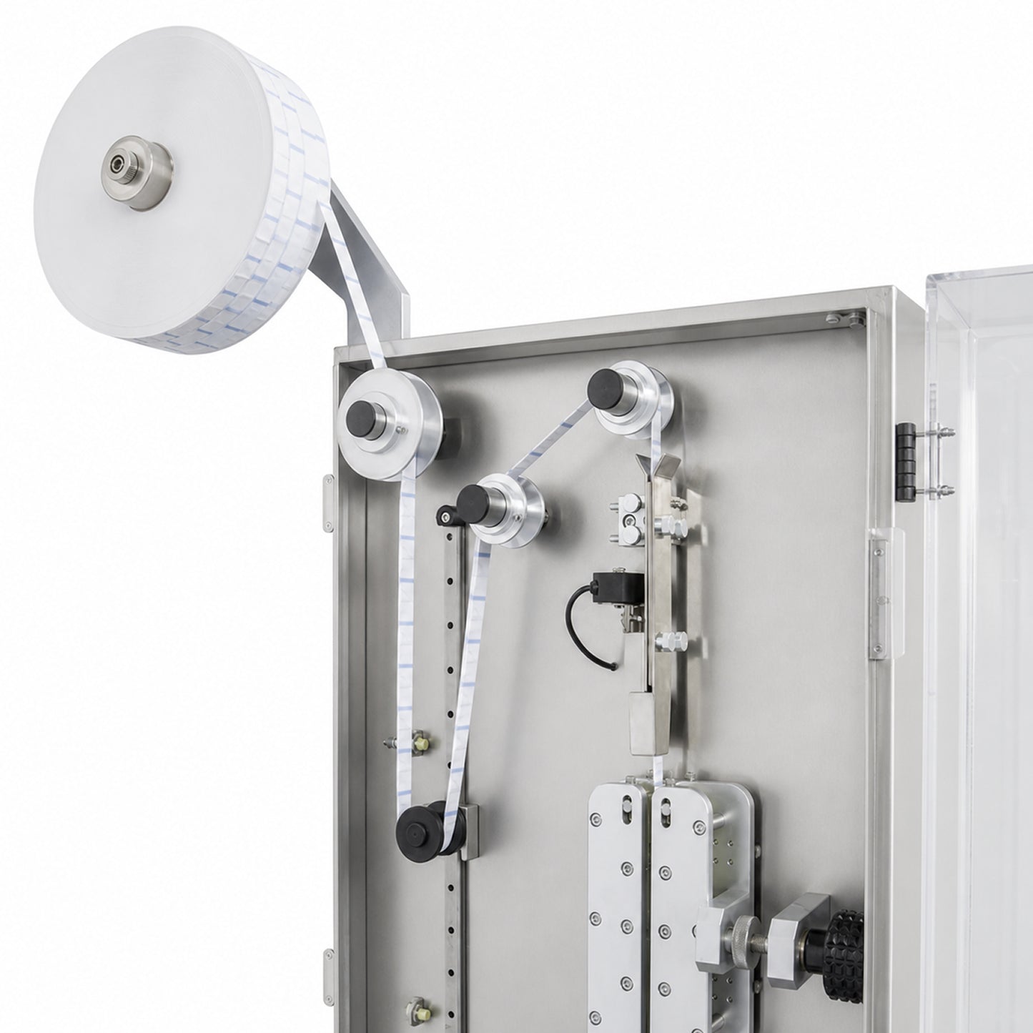 
                  
                    Automatic desiccant inserter for bottling lines — close-up view
                  
                