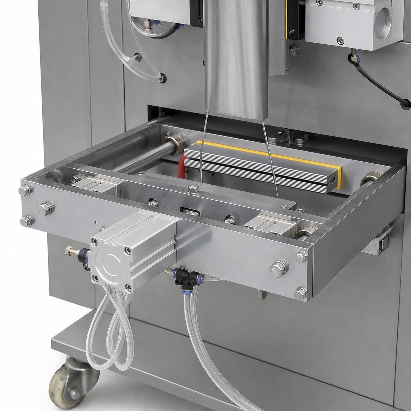 
                  
                    Leadlife stick pack and sachet powder packing machine, filling area detail
                  
                