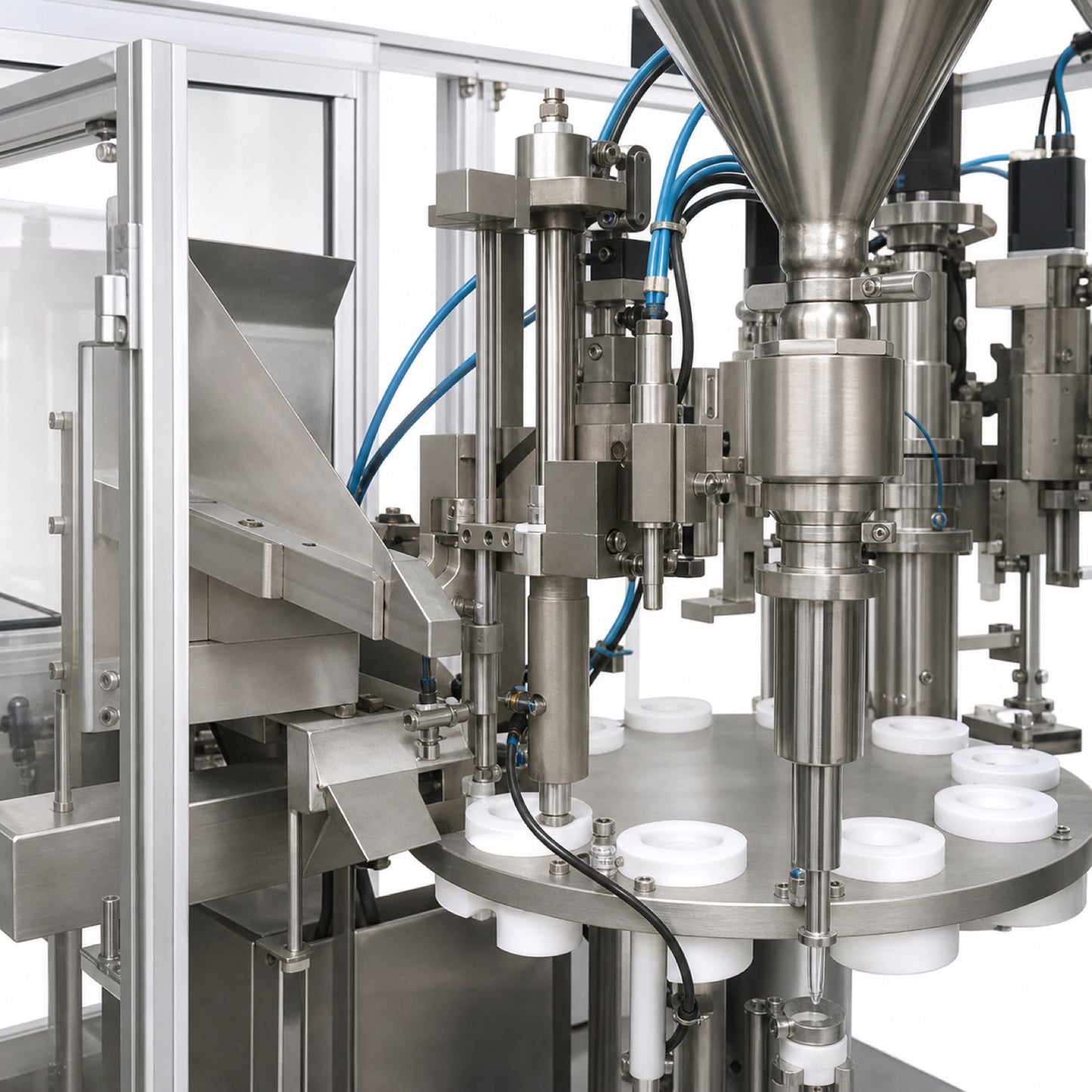 
                  
                    Automatic tube filling and sealing machine — close-up view
                  
                