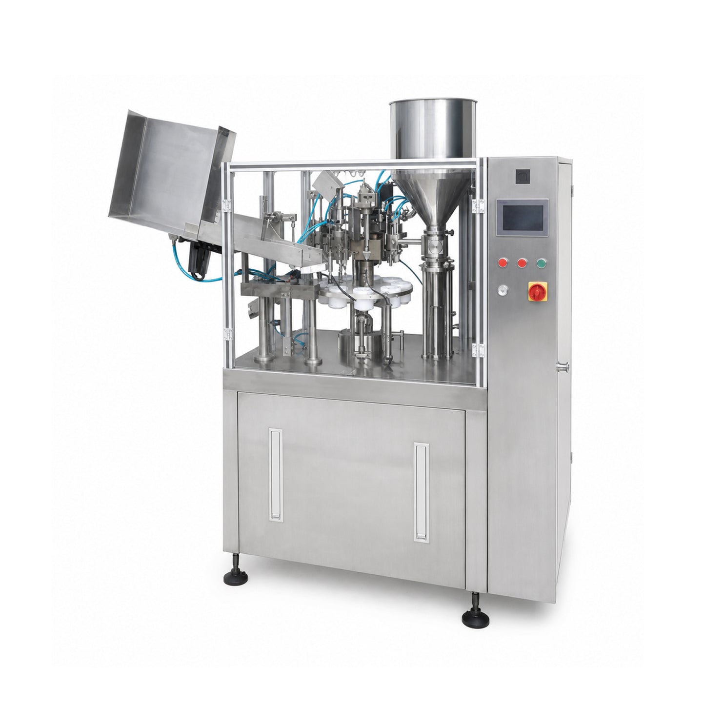 
                  
                    Automatic tube filling and sealing machine — front view
                  
                