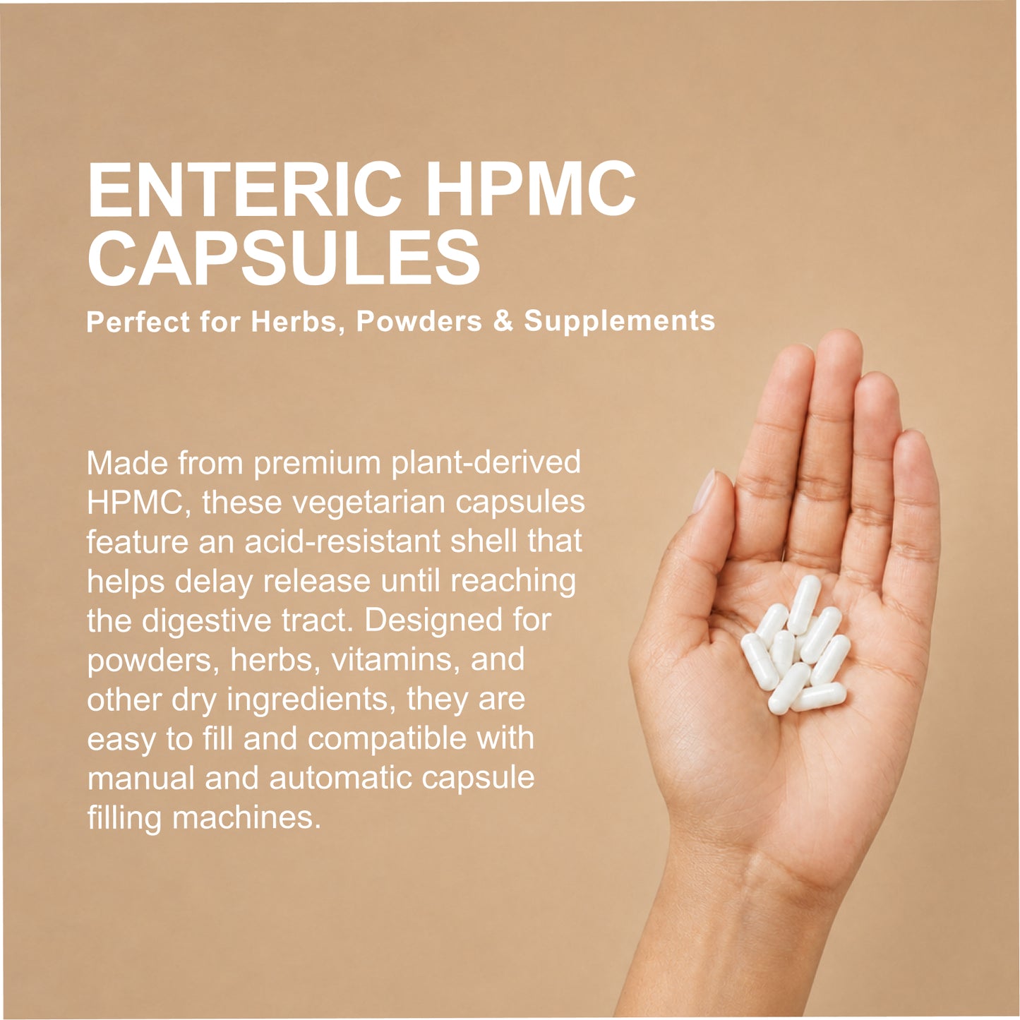 
                  
                    Bulk Enteric HPMC Capsules — Acid-Resistant Vegetarian Capsules, Wholesale (Clear & White, Sizes 00–1)
                  
                