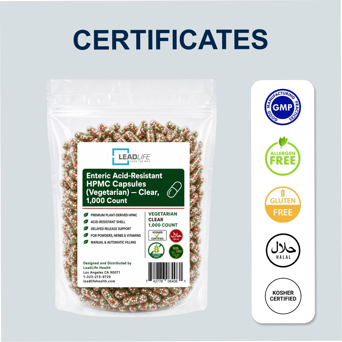 
                  
                    Enteric HPMC capsule pouch with quality certification badges
                  
                