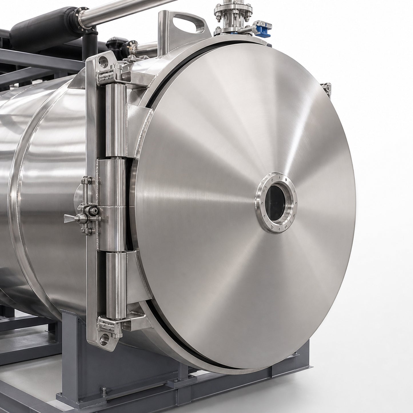 
                  
                    Vacuum chamber door of the industrial freeze dryer, close-up
                  
                