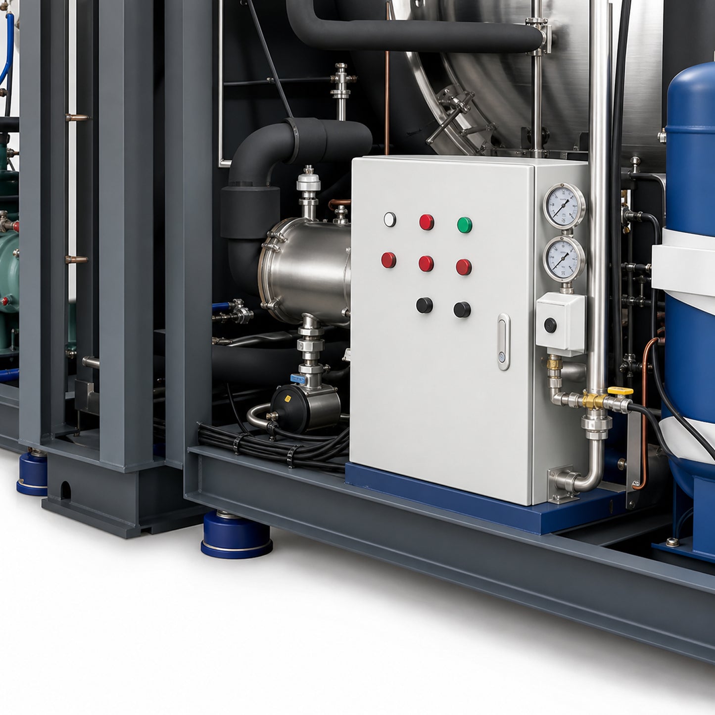 
                  
                    Control panel and pressure gauges on the industrial freeze dryer
                  
                