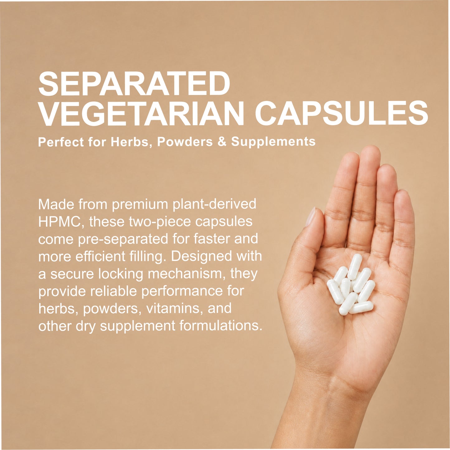 
                  
                    Hand holding separated vegetarian capsules on beige background, product graphic
                  
                