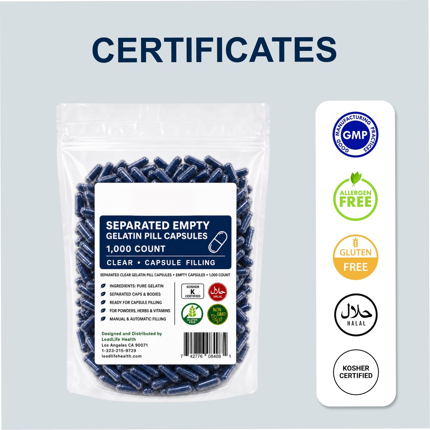 
                  
                    Separated gelatin capsule pouch with quality certification badges
                  
                