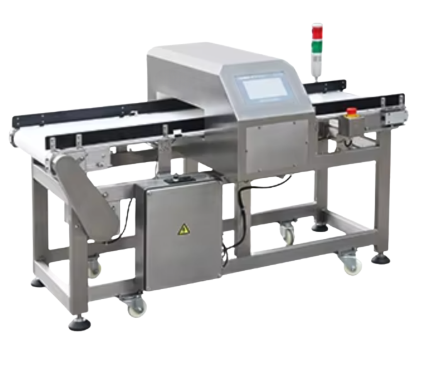 Angled view of 2015JJ-A conveyor metal detector for supplement manufacturing, showing belt infeed and control panel.